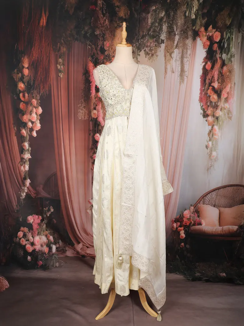 Ivory Floral Embroidered Tissue Silk Palazzo Suit With Dupatta 1
