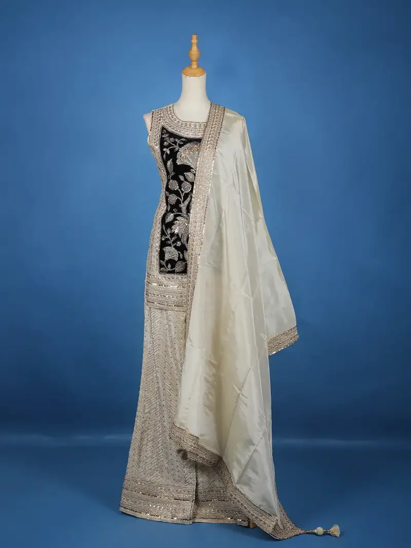 Ivory Floral Embroidery Tissue Silk Palazzo Salwar Suit 1