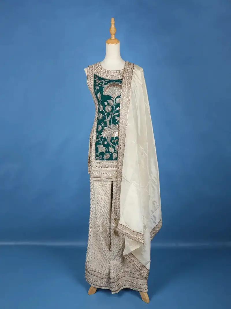 Ivory Floral Green Embroidery Tissue Silk Palazzo Salwar Suit 1