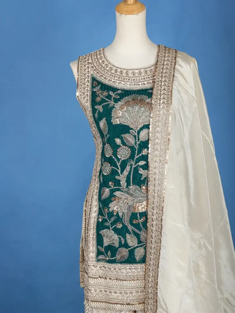 Ivory Floral Green Embroidery Tissue Silk Palazzo Salwar Suit 2