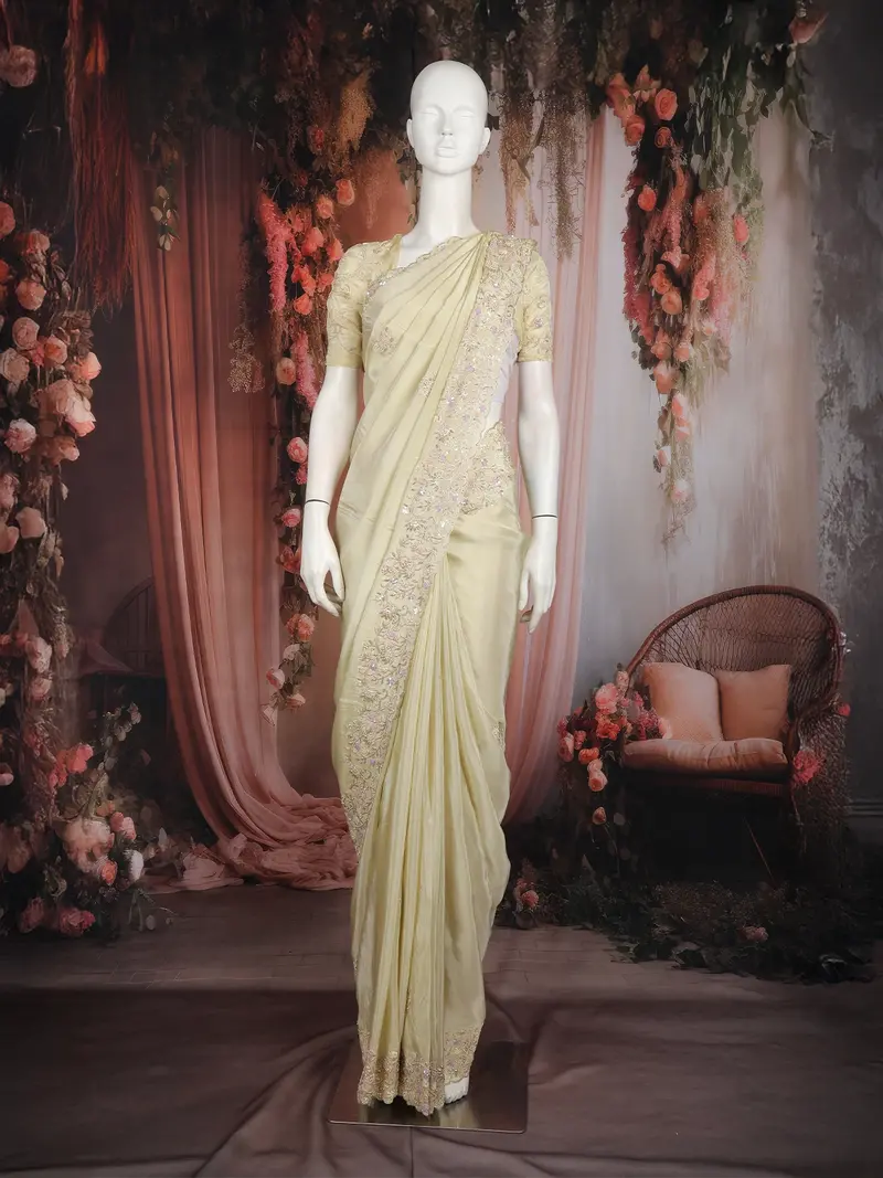 Ivory Floral Heavy Sequins And Beads Embroidered Design Tissue Designer Saree 1