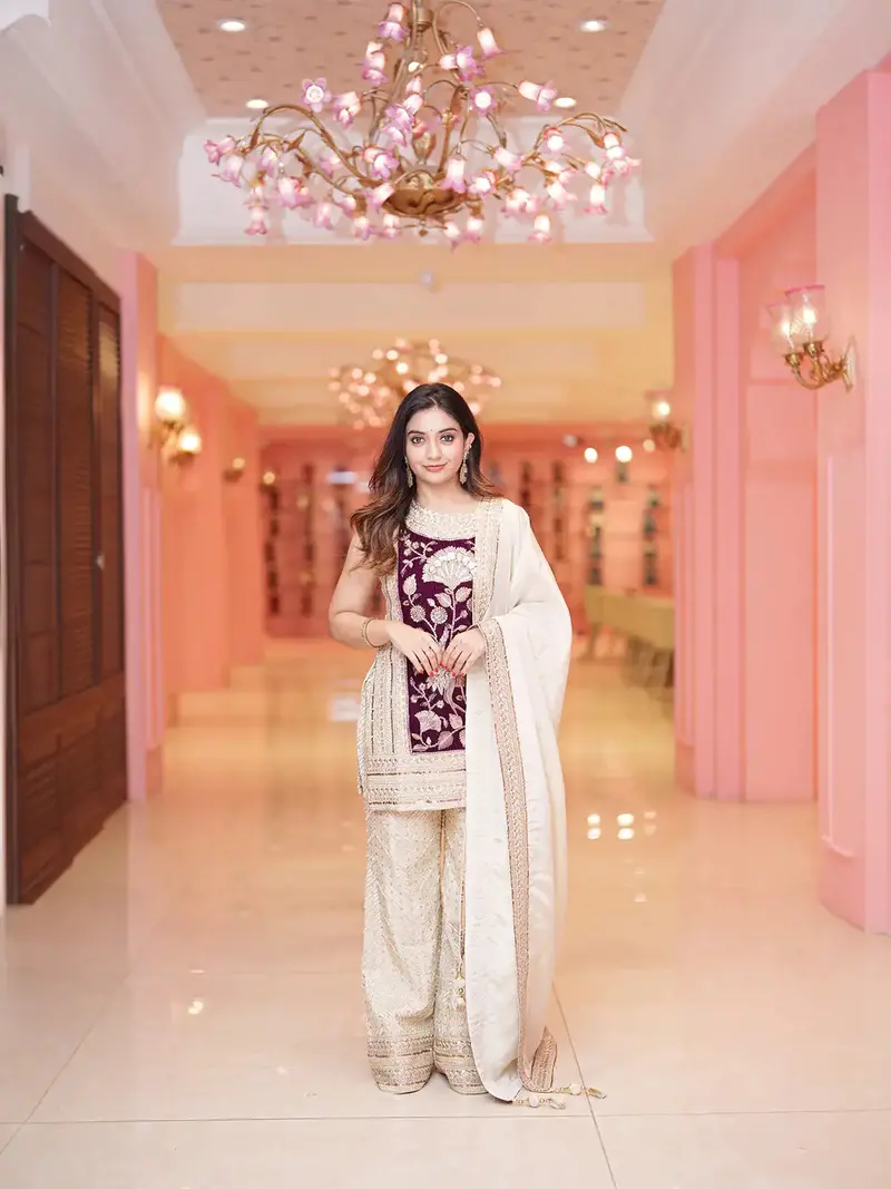 Ivory Floral Maroon Embroidery Tissue Silk Palazzo Salwar Suit 1