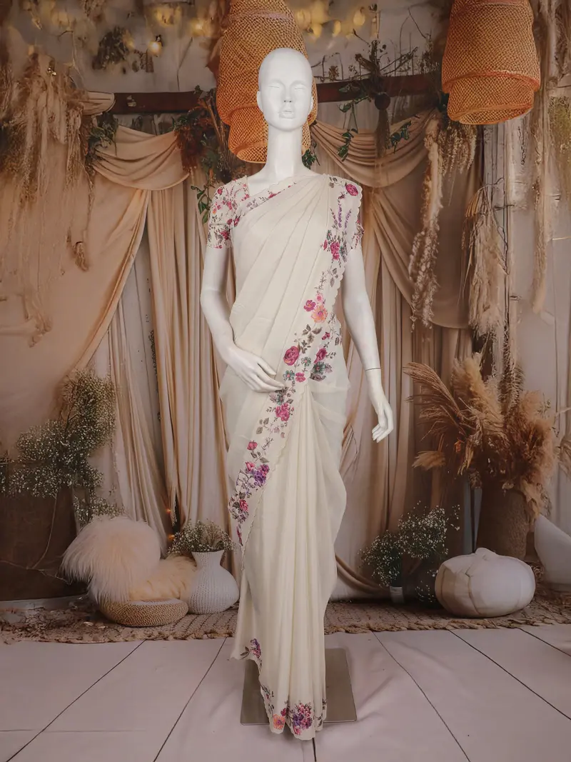 Ivory Floral Printed Chiffon Saree With Scallop Floral Border 1