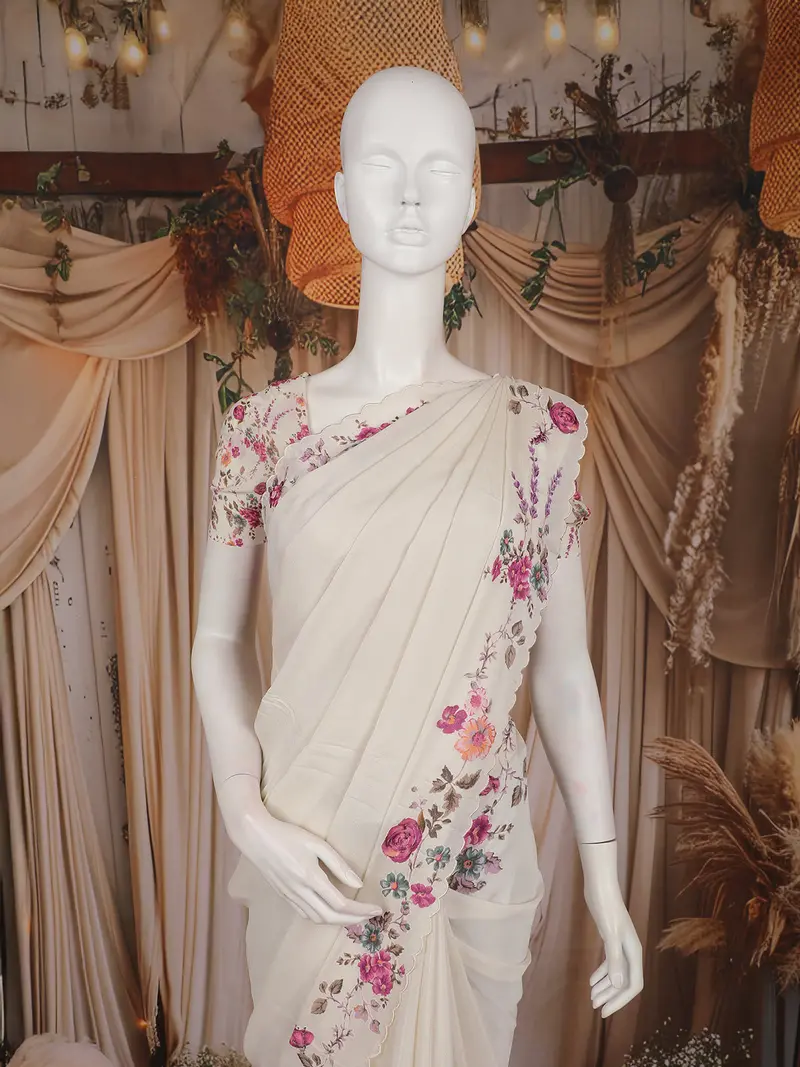 Ivory Floral Printed Chiffon Saree With Scallop Floral Border 2