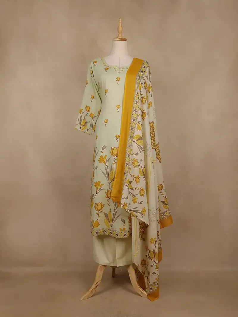 Ivory Floral Printed Cotton Salwar Suit With Dupatta 1
