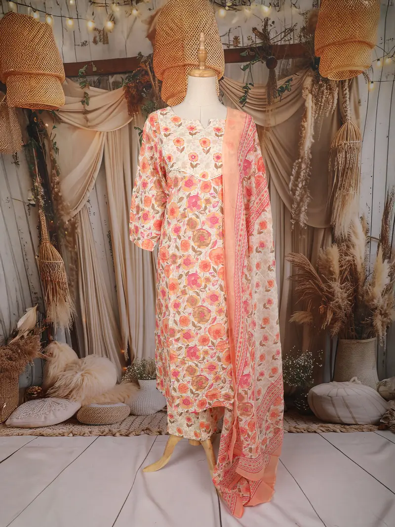 Ivory Floral Printed Cotton Salwar Suit With Dupatta 1