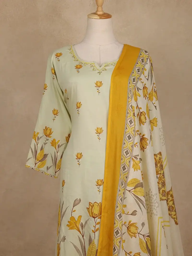 Ivory Floral Printed Cotton Salwar Suit With Dupatta 2