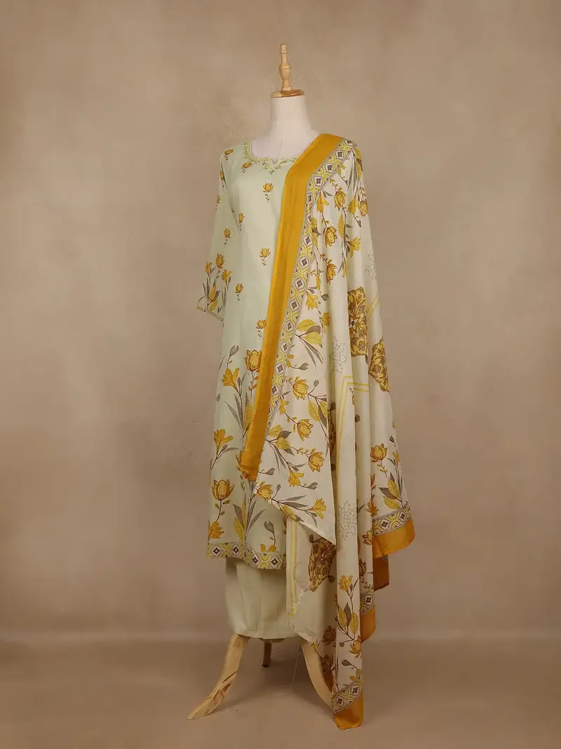 Ivory Floral Printed Cotton Salwar Suit With Dupatta 3