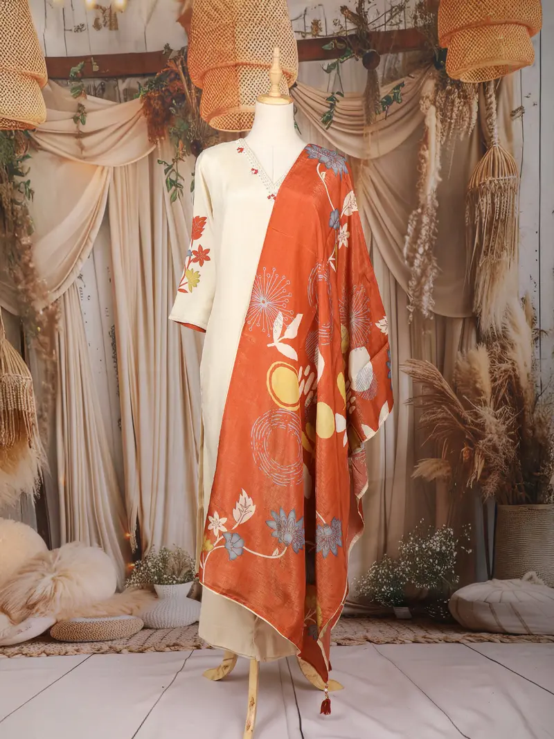 Ivory Floral Printed Cotton Salwar Suit With Rust Printed Dupatta 1