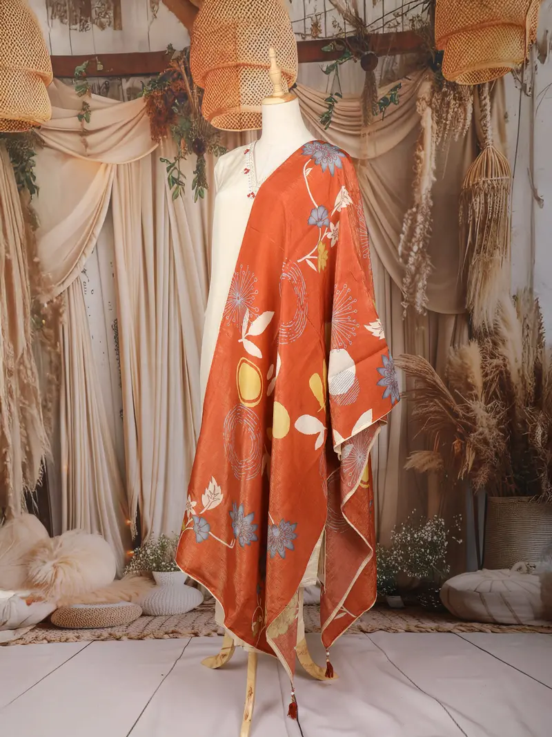 Ivory Floral Printed Cotton Salwar Suit With Rust Printed Dupatta 3