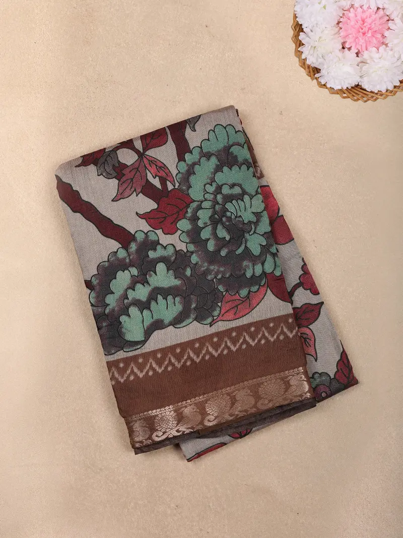 Ivory Floral Printed Design Chanderi Cotton Saree With Contrast Zari Woven Border 1