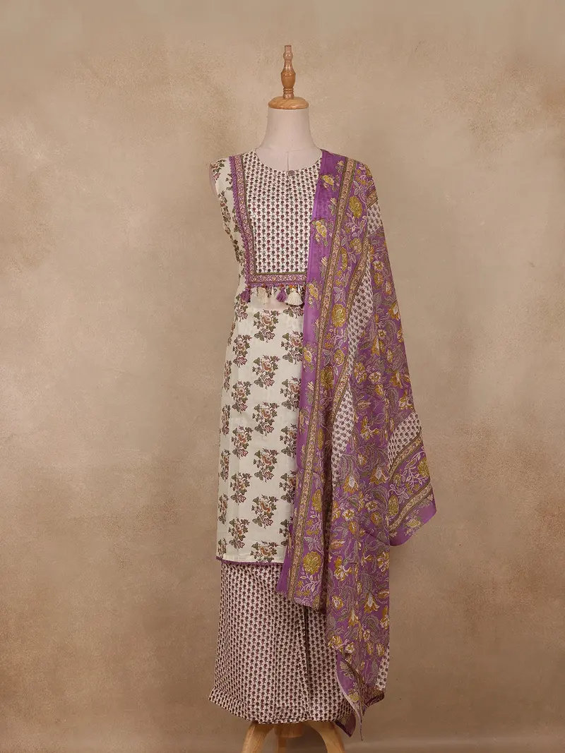 Ivory Floral Printed Design Cotton Straight Cut Salwar Suit 1