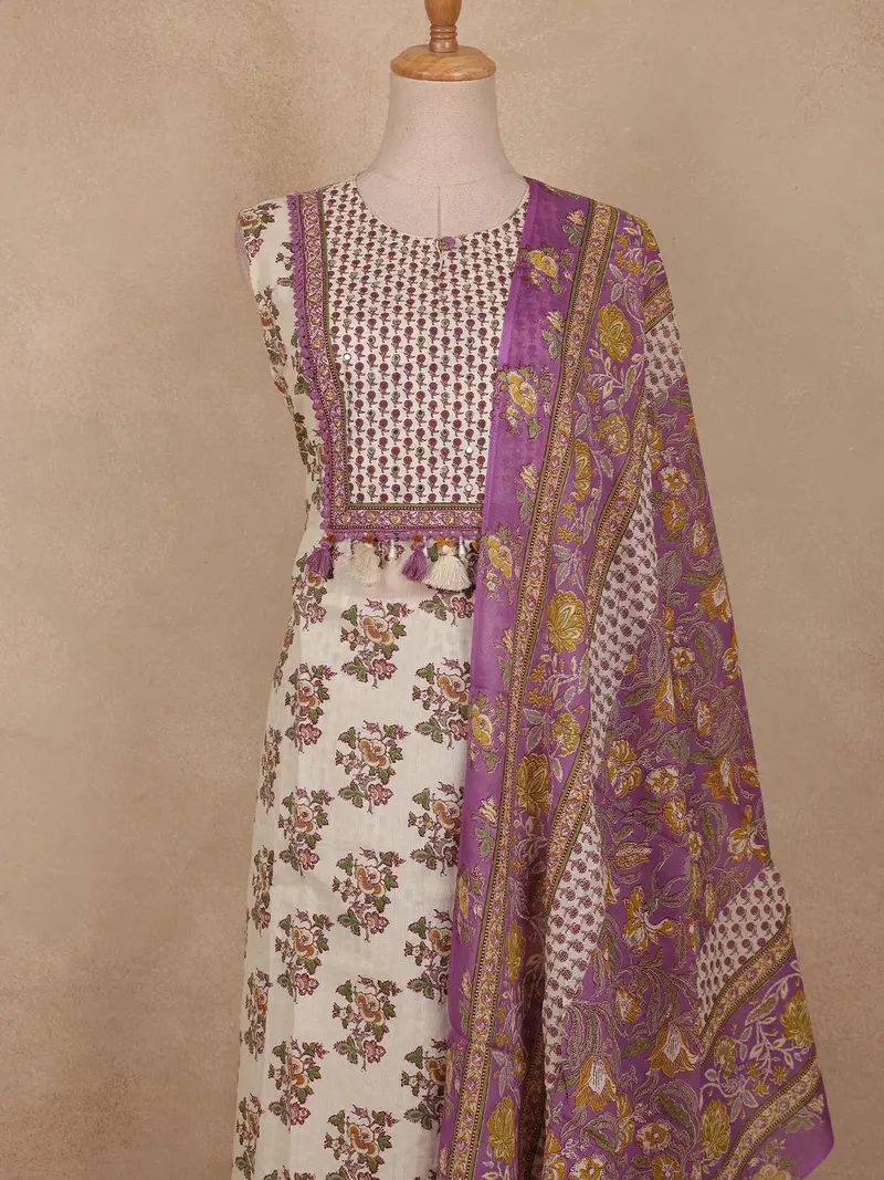 Ivory Floral Printed Design Cotton Straight Cut Salwar Suit 2