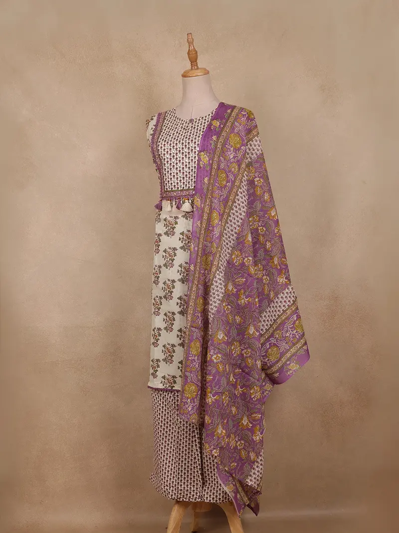 Ivory Floral Printed Design Cotton Straight Cut Salwar Suit 3