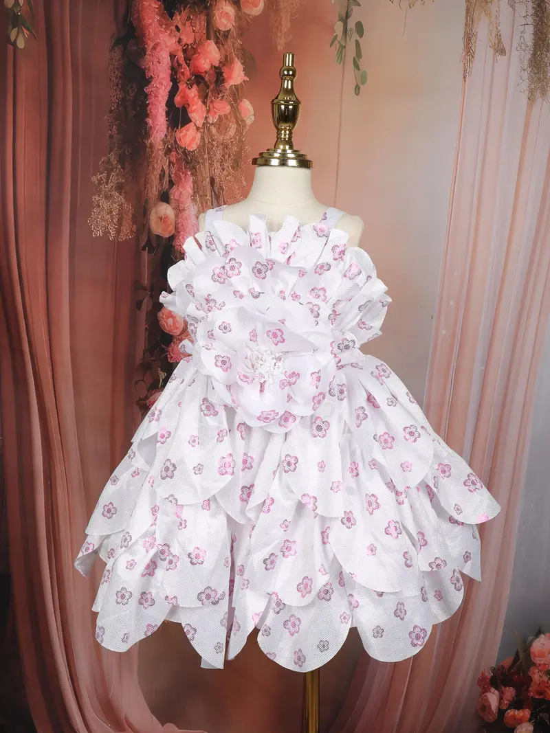 Ivory Floral Printed Design Shimmer Layered Party Wear Kids Frock 1