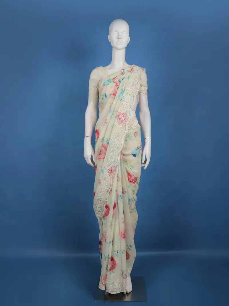 Ivory Floral Printed Georgette Saree 1