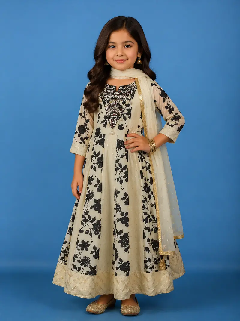 Ivory Floral Printed Kids Cotton Gown With Embroidered Yoke 1