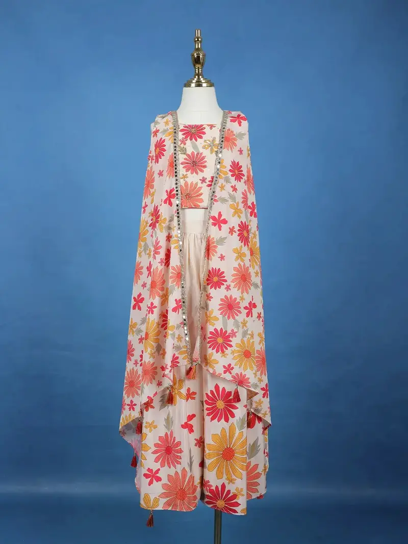 Ivory Floral Printed Kids Palazzo Suit With Cape Jacket 1