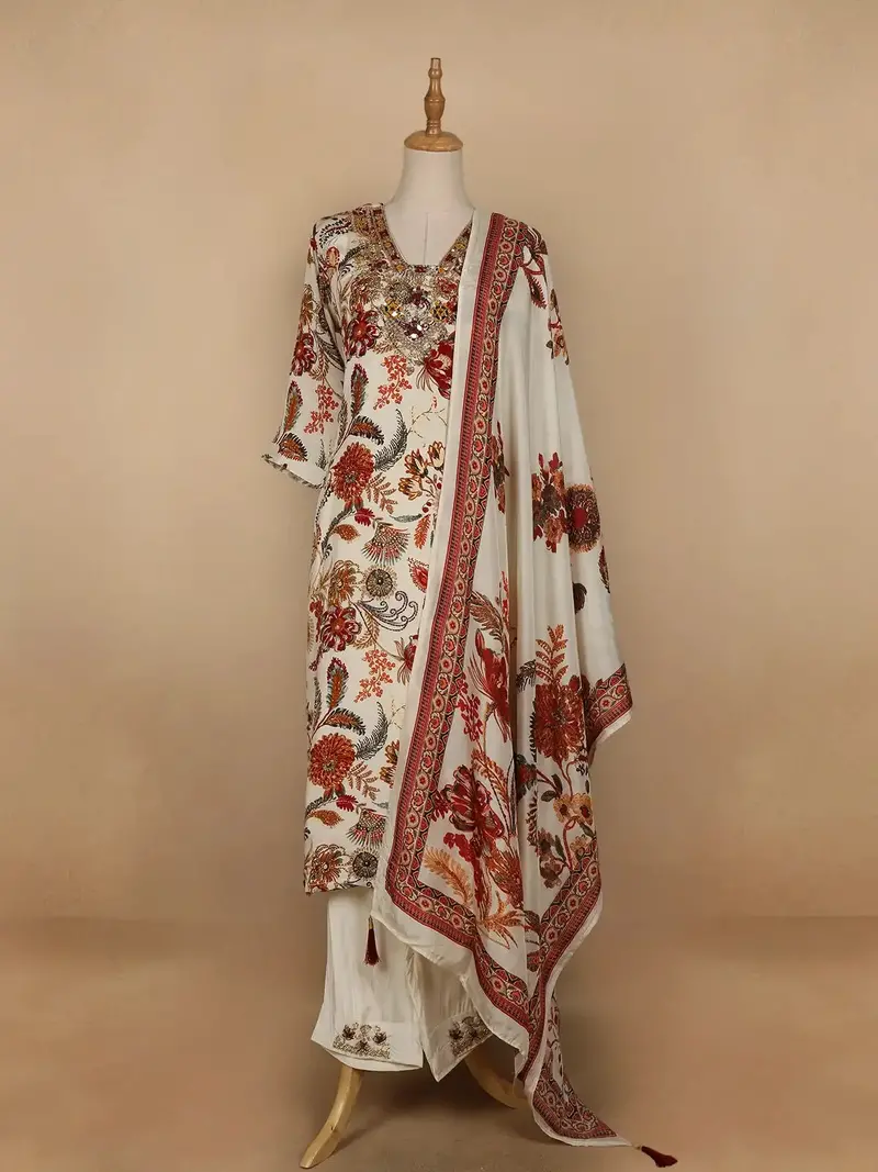 Ivory Floral Printed Semi Silk Salwar Suit 1