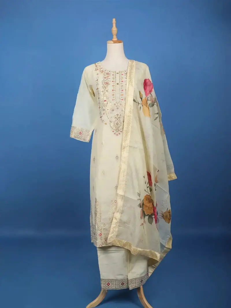 Ivory Floral Printed Silk Salwar Suit 1