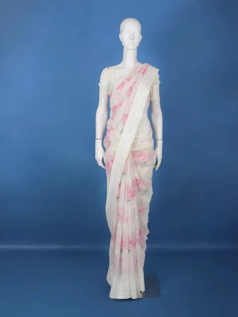 Ivory Floral Printed Synthetic Saree With Thread Embroidered Border 1