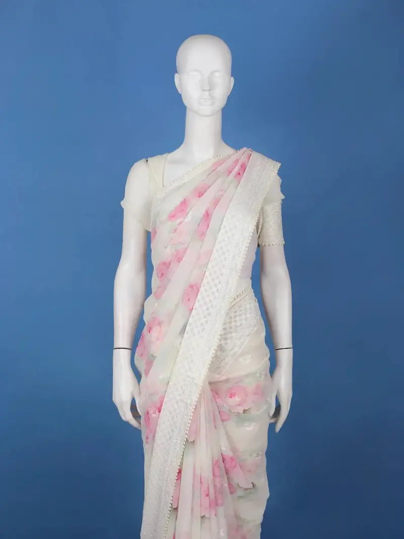 Ivory Floral Printed Synthetic Saree With Thread Embroidered Border 2