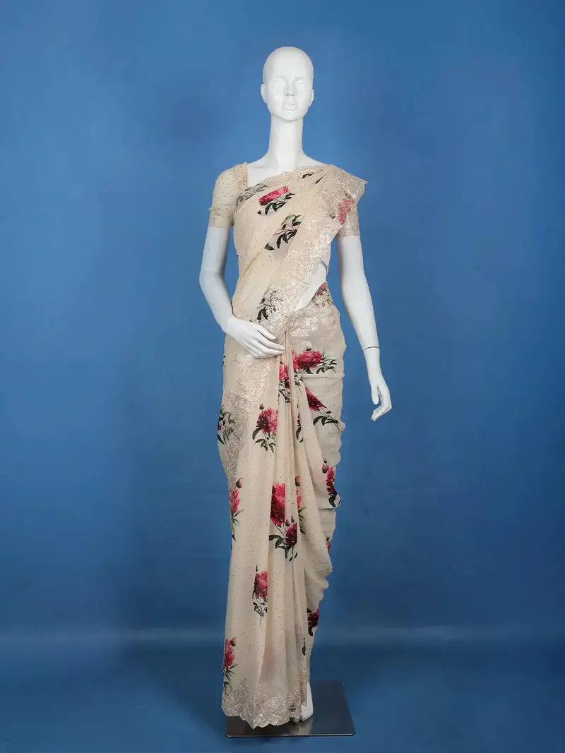 Ivory Floral Prints Sequins Design Chiffon Saree 1