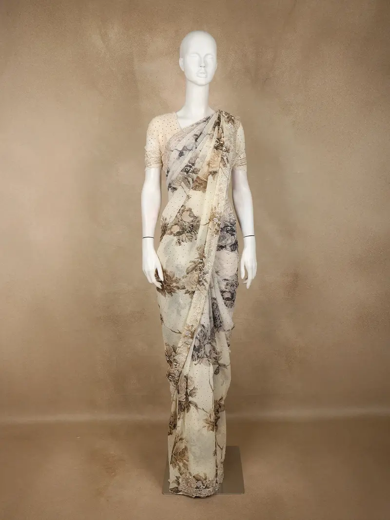 Ivory Floral Sequins Embroidered Design Chiffon Saree 1