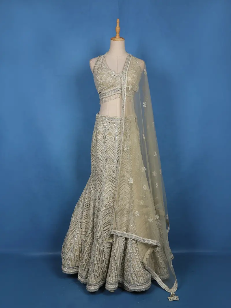 Ivory Floral Sequins Embroidered Mermaid Net Lehenga With Dupatta 1