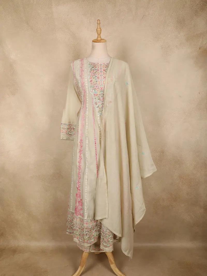 Ivory Floral Thread Embroidered Design Cotton Straight Cut Salwar Suit With Dupatta 1