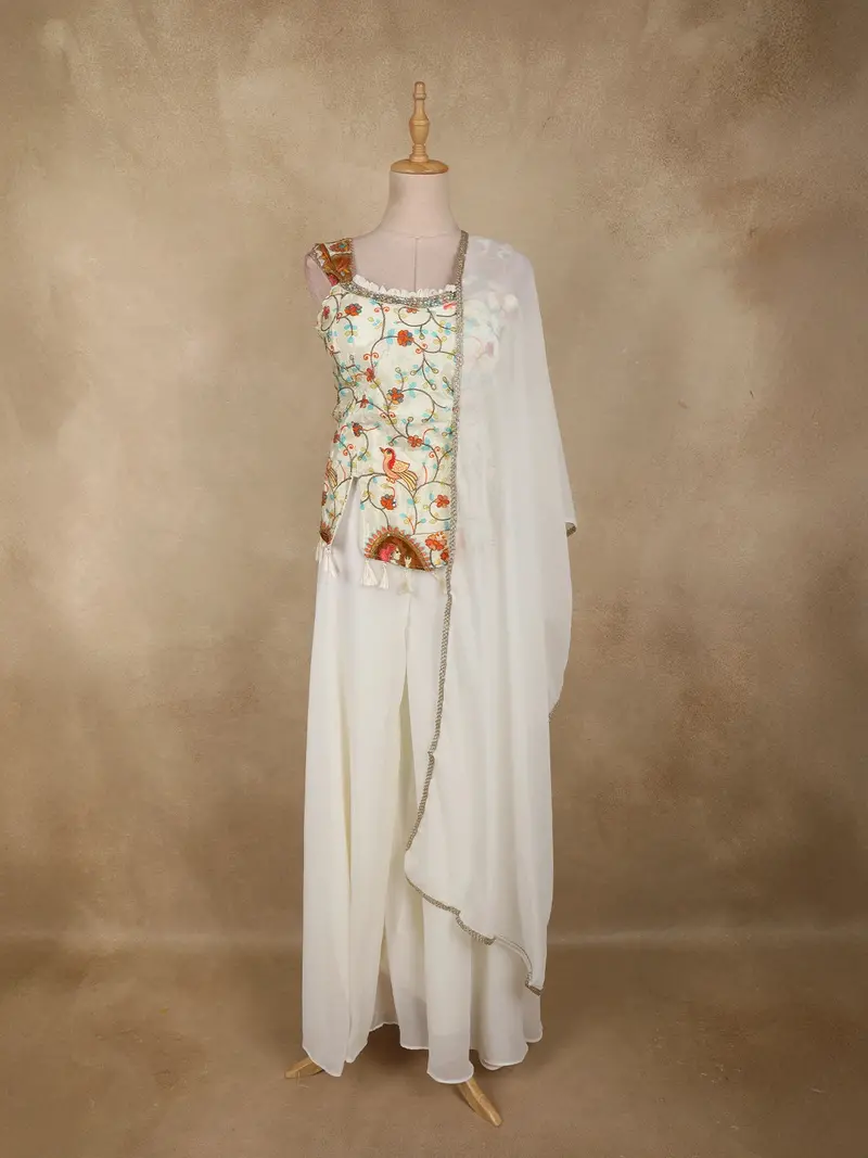 Ivory Floral Thread Embroidered Design Georgette Palazzo Suit With Dupatta 1