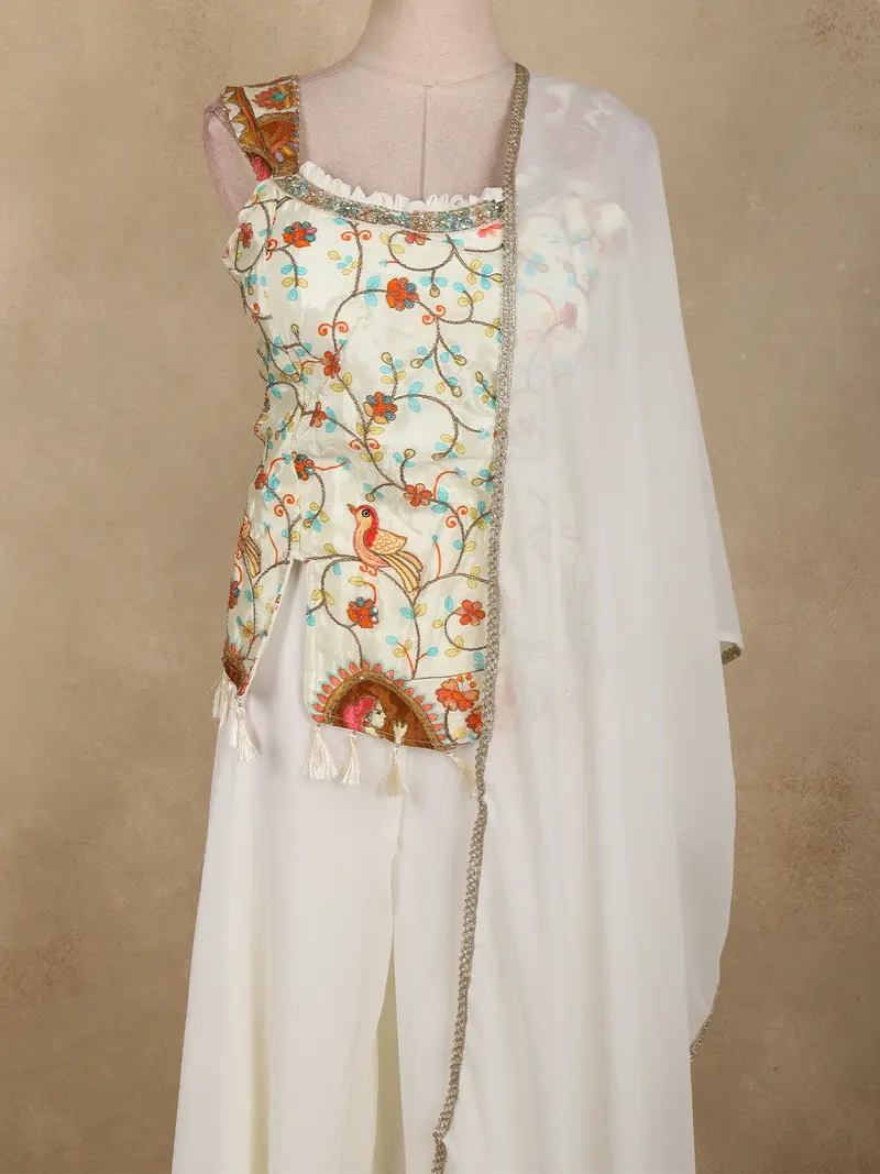 Ivory Floral Thread Embroidered Design Georgette Palazzo Suit With Dupatta 2