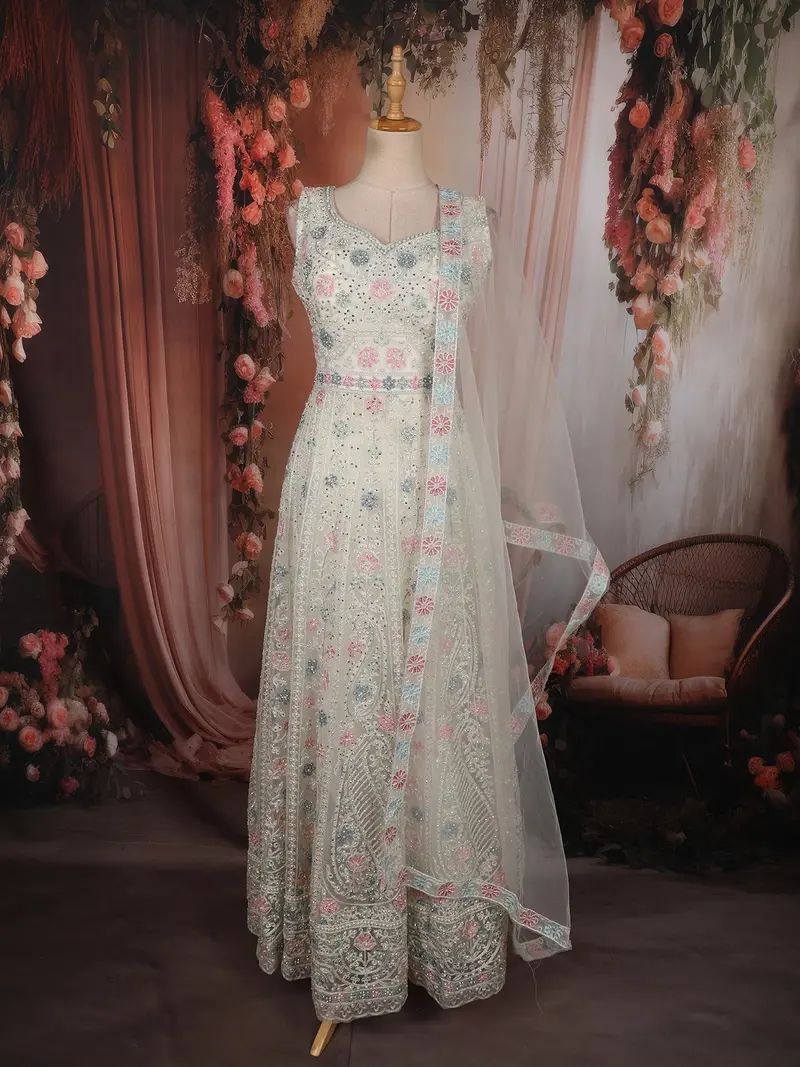 Ivory Floral Thread Embroidered Design Net Gown With Dupatta 1