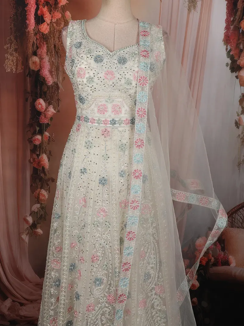 Ivory Floral Thread Embroidered Design Net Gown With Dupatta 2