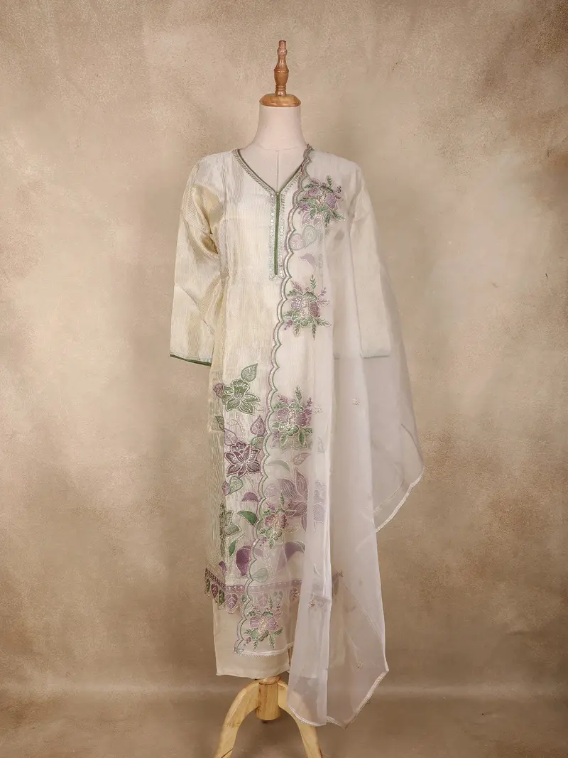 Ivory Floral Thread Embroidered Design Silk Straight Cut Salwar Suit With Sheer Dupatta 1