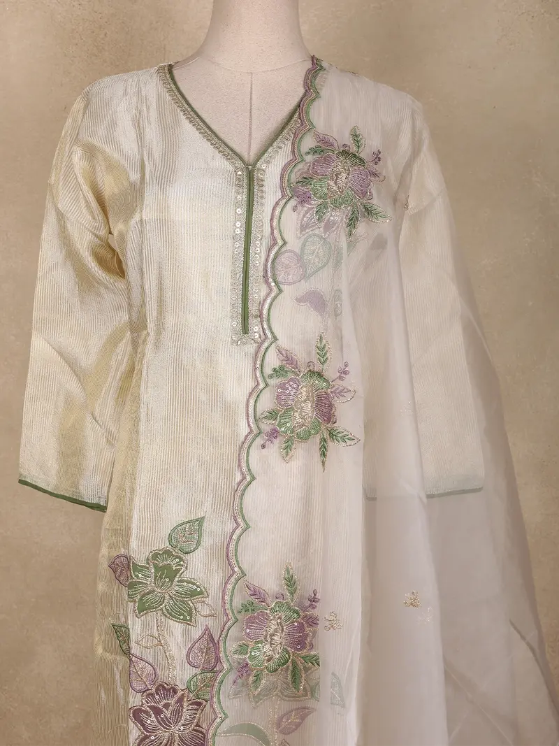 Ivory Floral Thread Embroidered Design Silk Straight Cut Salwar Suit With Sheer Dupatta 2