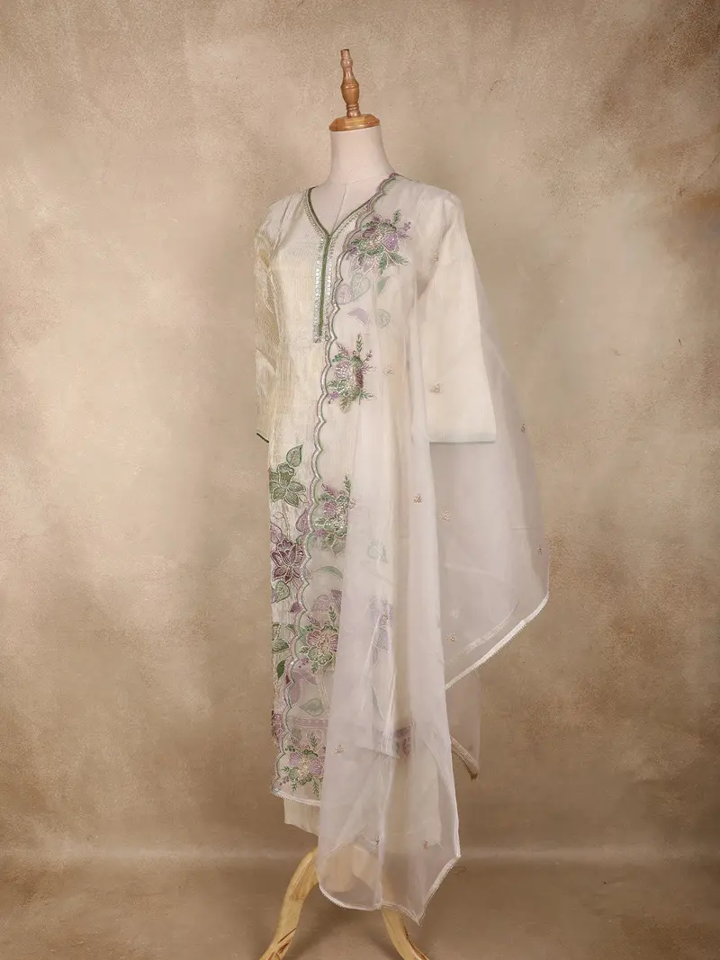 Ivory Floral Thread Embroidered Design Silk Straight Cut Salwar Suit With Sheer Dupatta 3