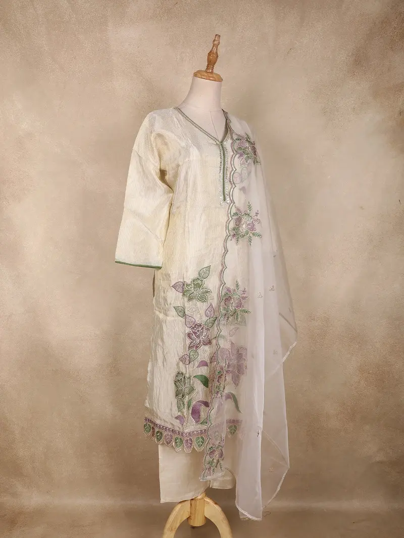Ivory Floral Thread Embroidered Design Silk Straight Cut Salwar Suit With Sheer Dupatta 4