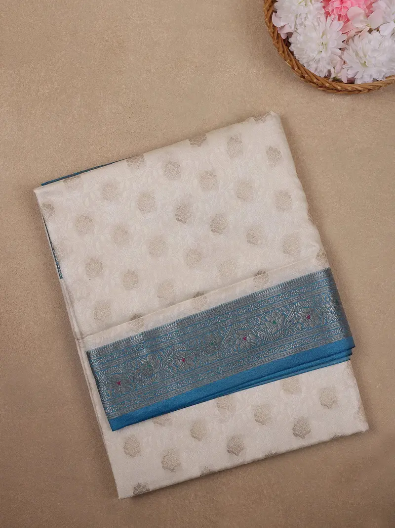 Ivory Floral Woven Banarasi Silk Saree 1
