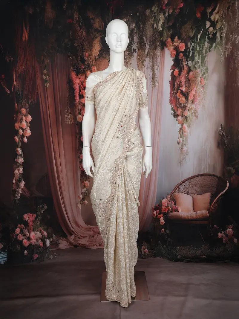Ivory Floral Woven Banarasi Silk Saree With Designer Border 1