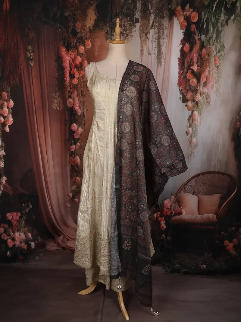 Ivory Floral Zari Embroidered Design Tussar Palazzo Suit With Contrast Dupatta 1