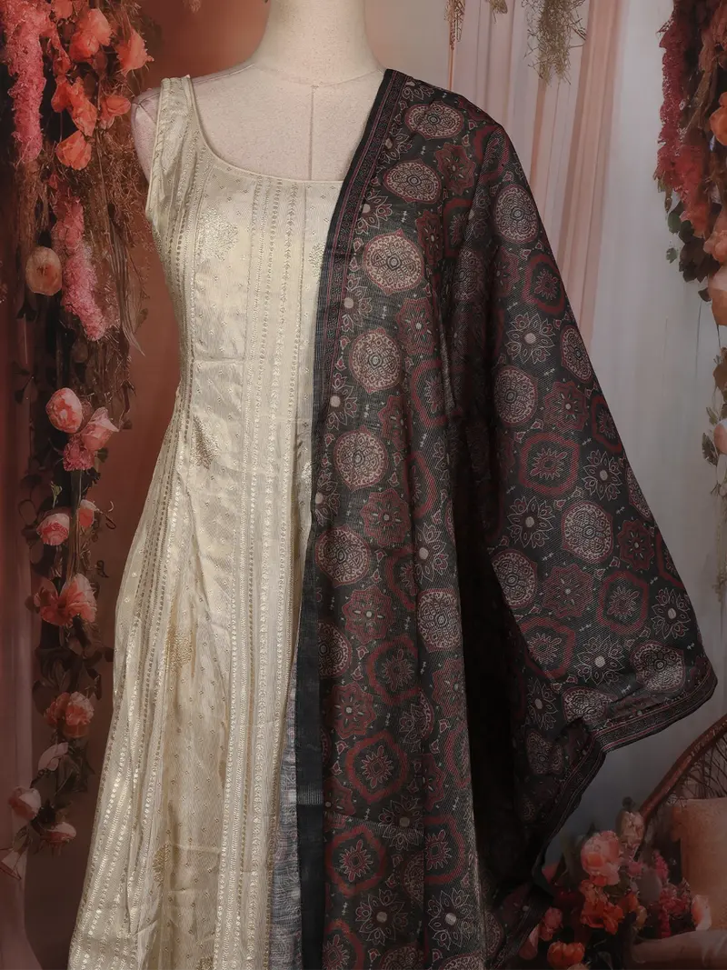 Ivory Floral Zari Embroidered Design Tussar Palazzo Suit With Contrast Dupatta 2