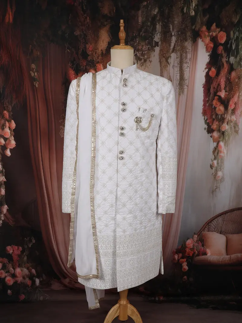 Ivory Geometric Embroidered Design Jacquard Sherwani Suit With Dupatta 1
