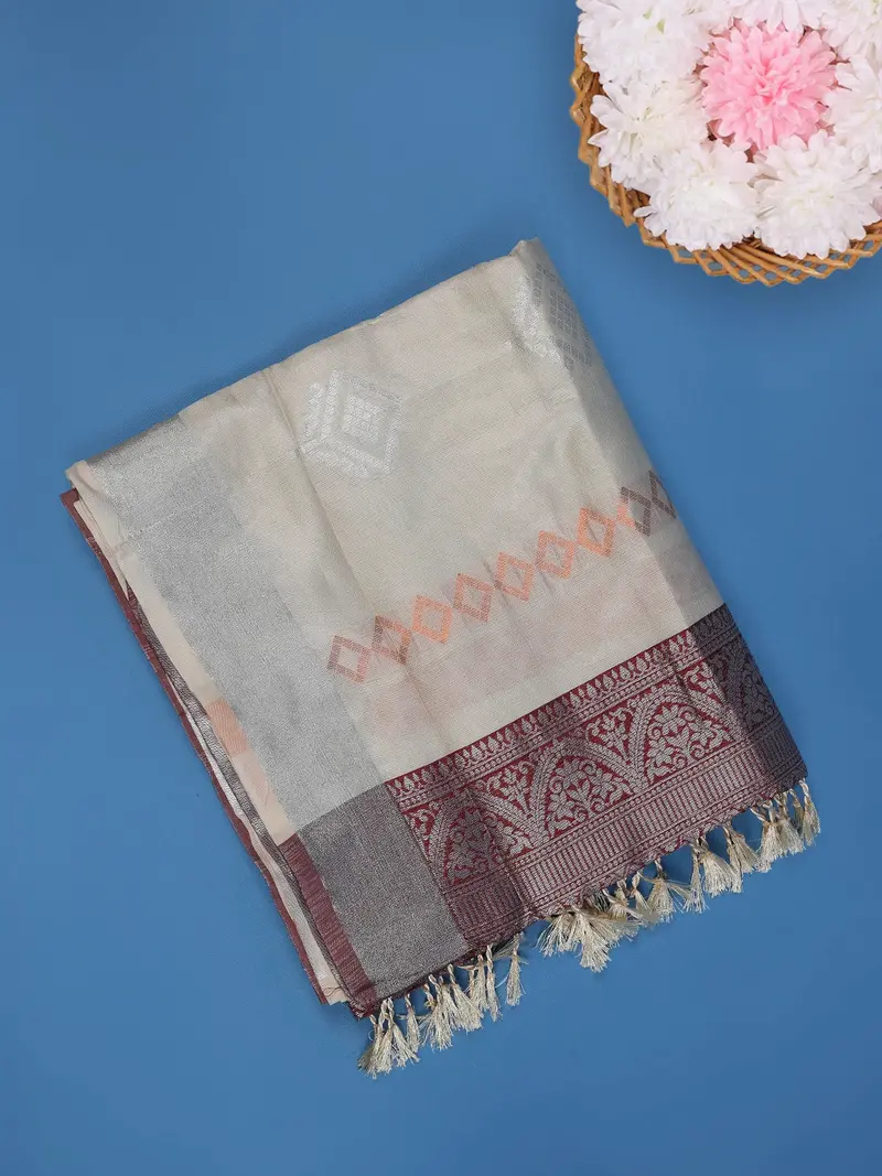 Ivory Geometric Woven Fancy Art Silk Saree 1