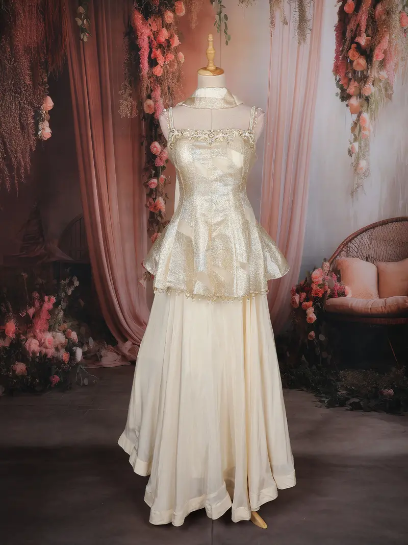Ivory Gold Floral Embroidered Tissue Peplum Palazzo With Dupatta 1