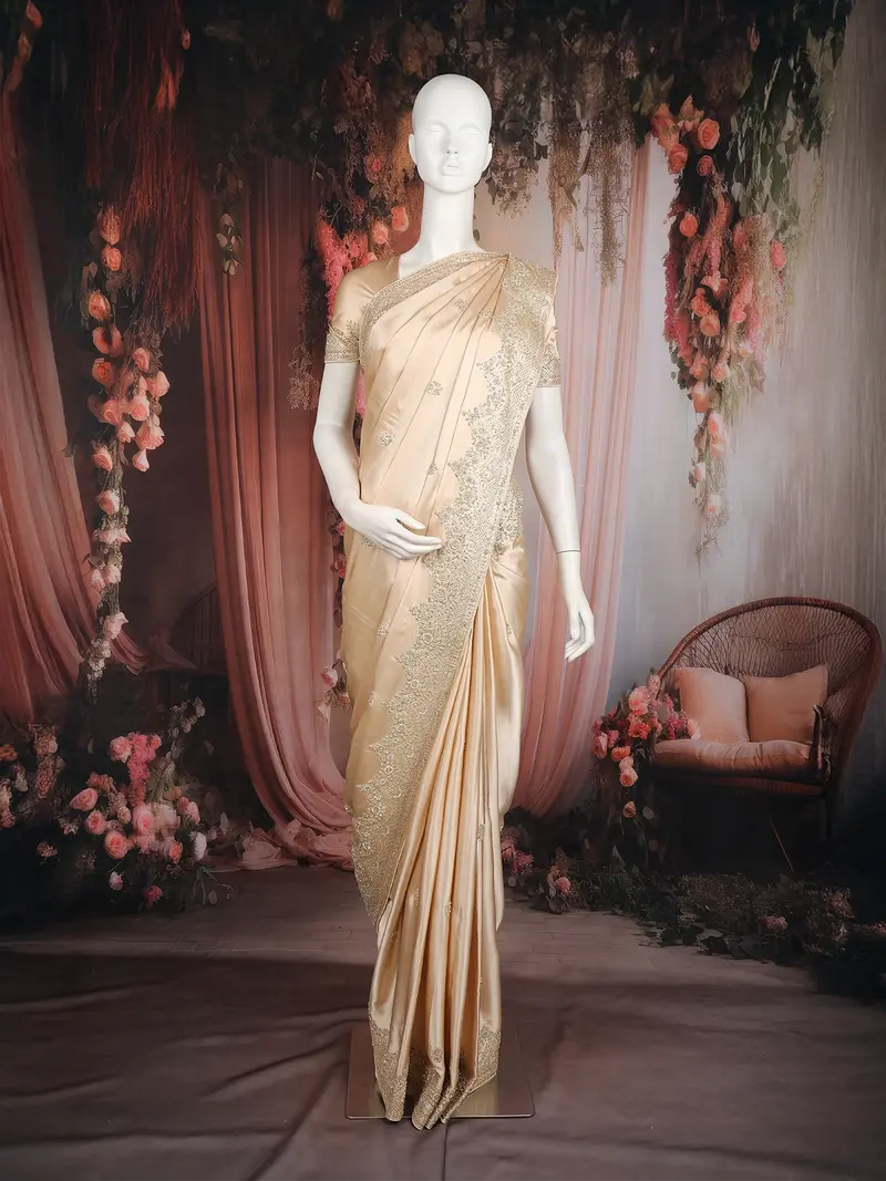 Ivory Gold Floral Heavy Sequins And Beads Embroidered Tissue Designer Saree 1