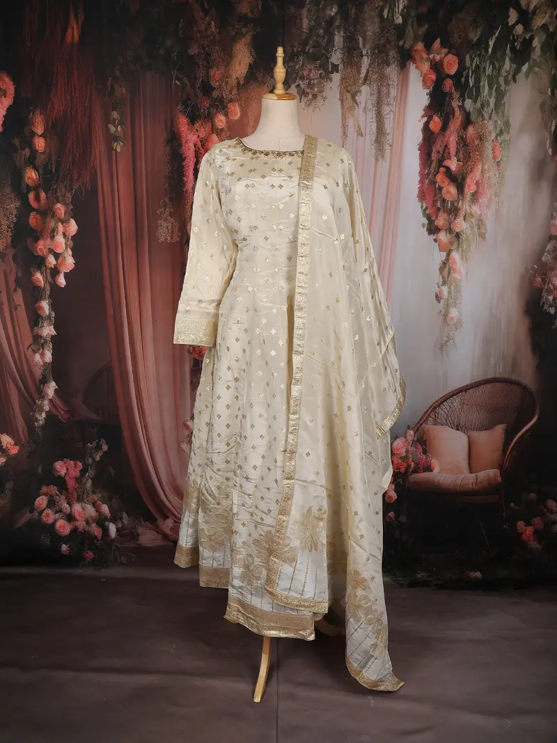 Ivory Gold Floral Zari Woven Design Tissue Silk Anarkali Suit With Dupatta 1
