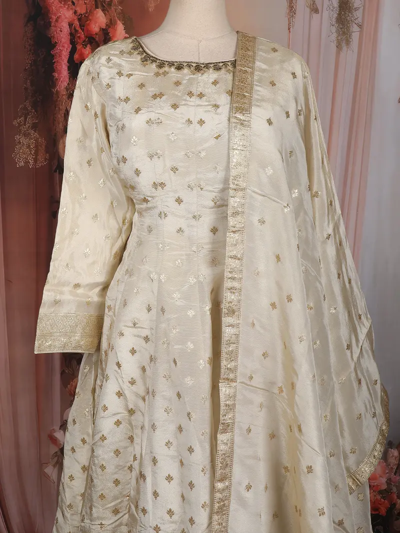 Ivory Gold Floral Zari Woven Design Tissue Silk Anarkali Suit With Dupatta 2
