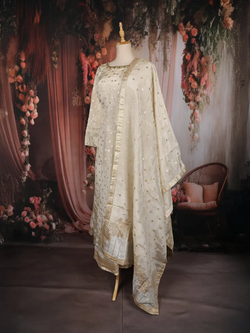 Ivory Gold Floral Zari Woven Design Tissue Silk Anarkali Suit With Dupatta 3