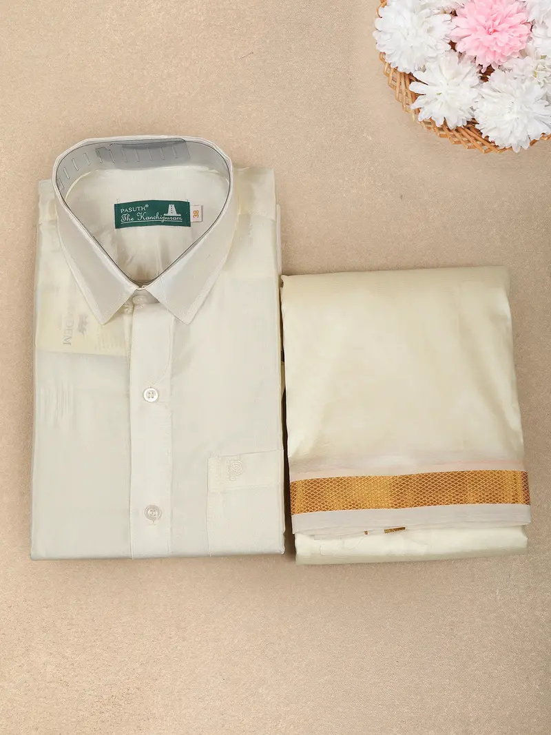 Ivory Gold Solid Woven Design Men's Shirt With Gold Zari Border Dhoti 1